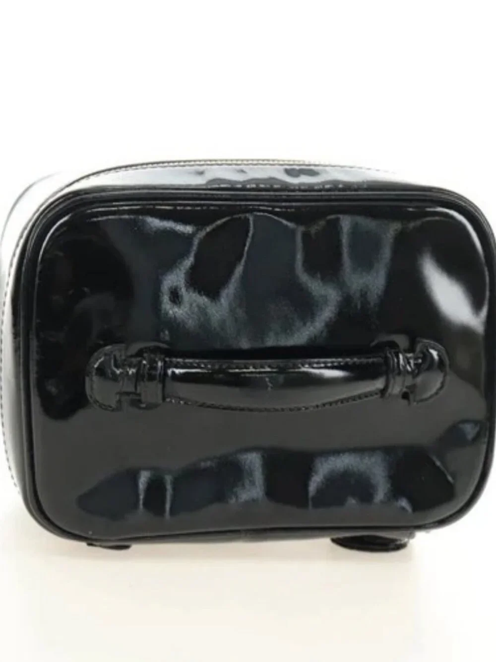 CHANEL Vanity Pouch Patent leather Black Gold CC Auth 136084